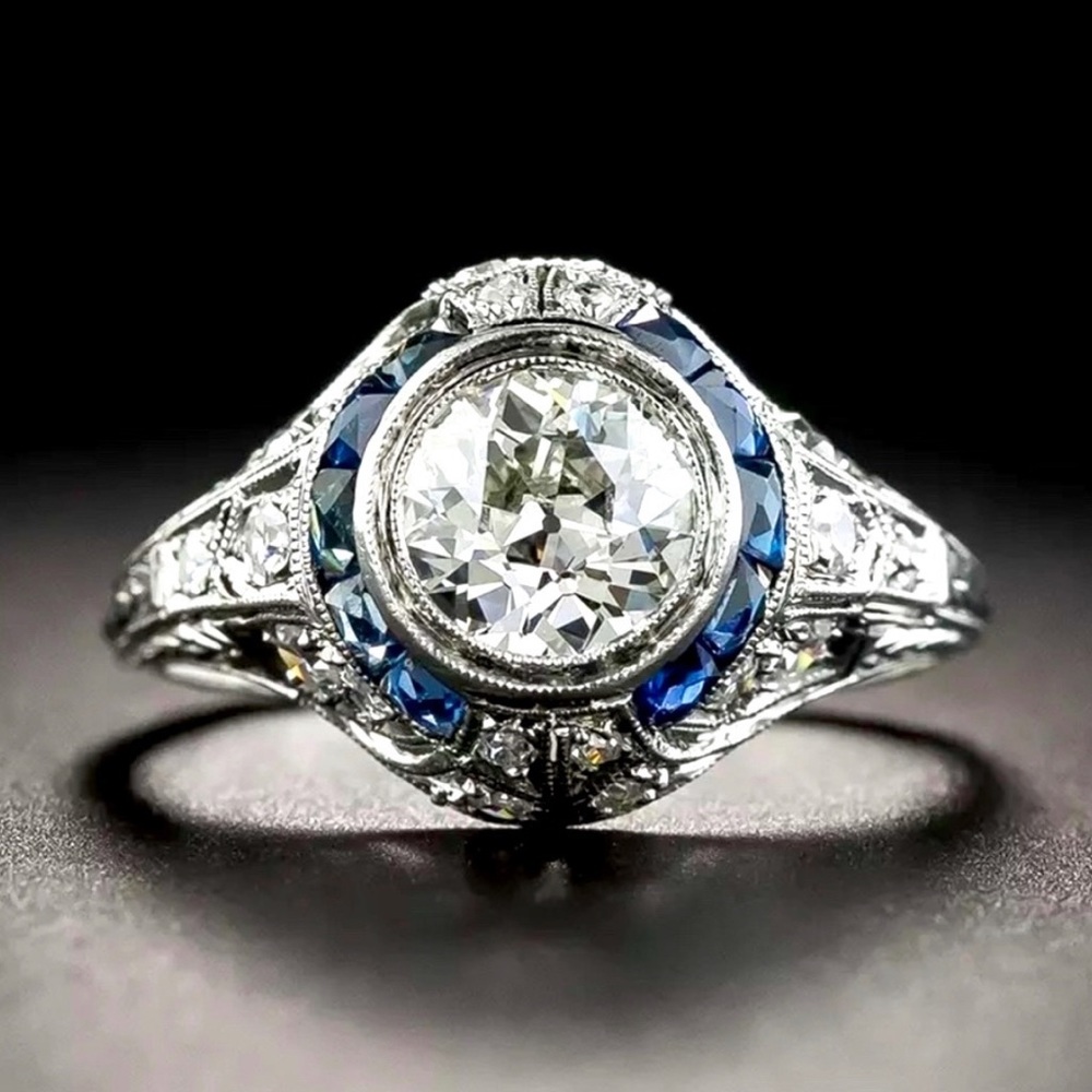 New Sterling Silver & Sapphire Art Deco Ring